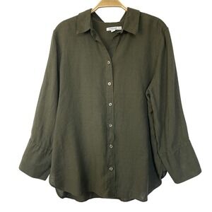 Chico's Linen Button Down Shirt Women Size 2 (US 12) Olive Green Long Sleeve